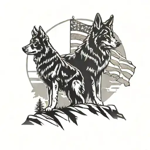 A silhouette of a german shepherd and a border collie standing together on a mountain peak with the American flag waving in the background tattoo design idea
