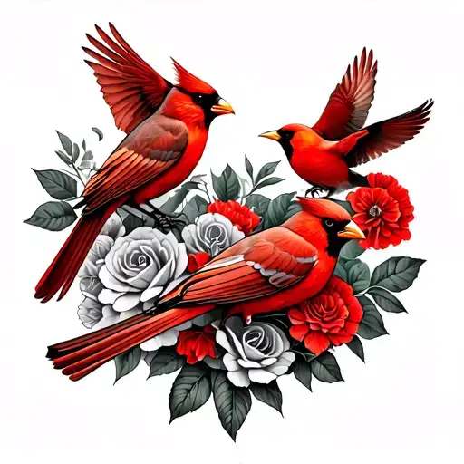 Full sleeve tattoo. Red cardinals flying. Carnations and roses. Small outline of North Carolina with state flag. tattoo design idea