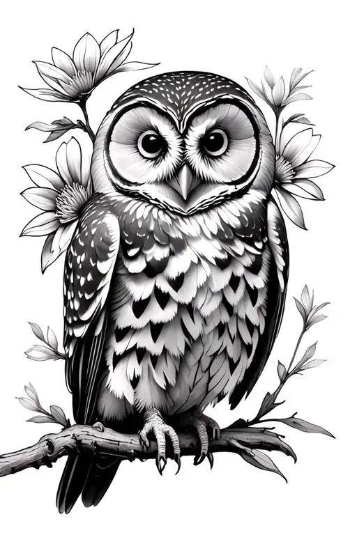 Barred Owl with Flowers tattoo design idea