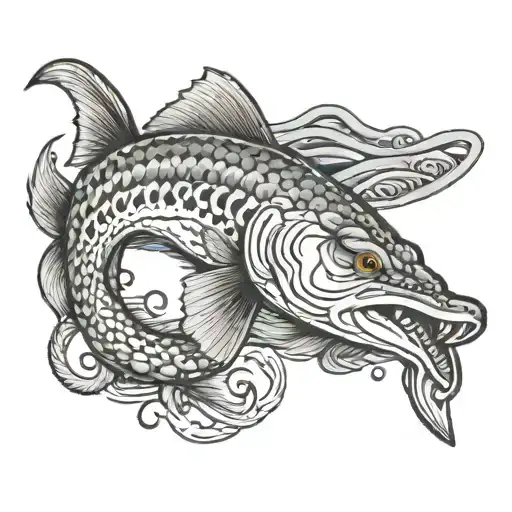 a northern pike swimming around an anchor  tattoo design idea