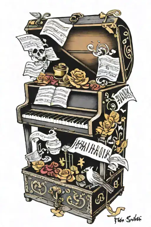piano inside an open treasure chest tattoo design idea