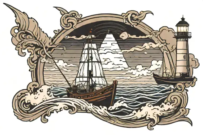 man on boat in storm pointing at lighthouse tattoo design idea