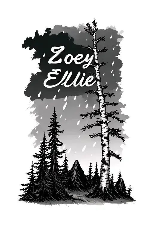 "Zoey Ellie" birch tree rain mountain peaks tattoo design idea