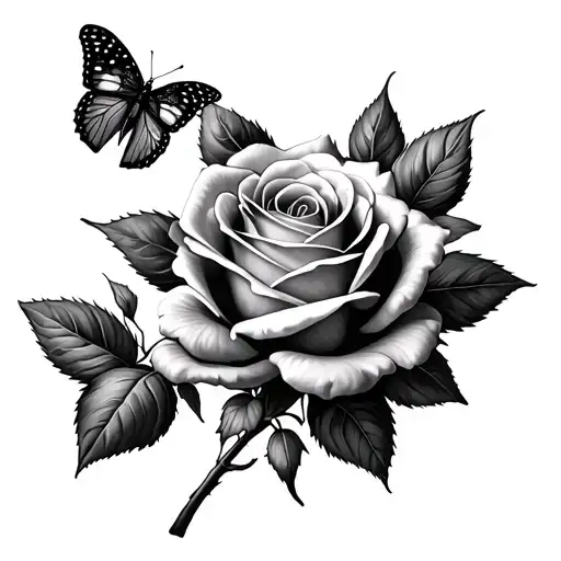 Rose, three small surrounding roses And Butterfly tattoo design idea