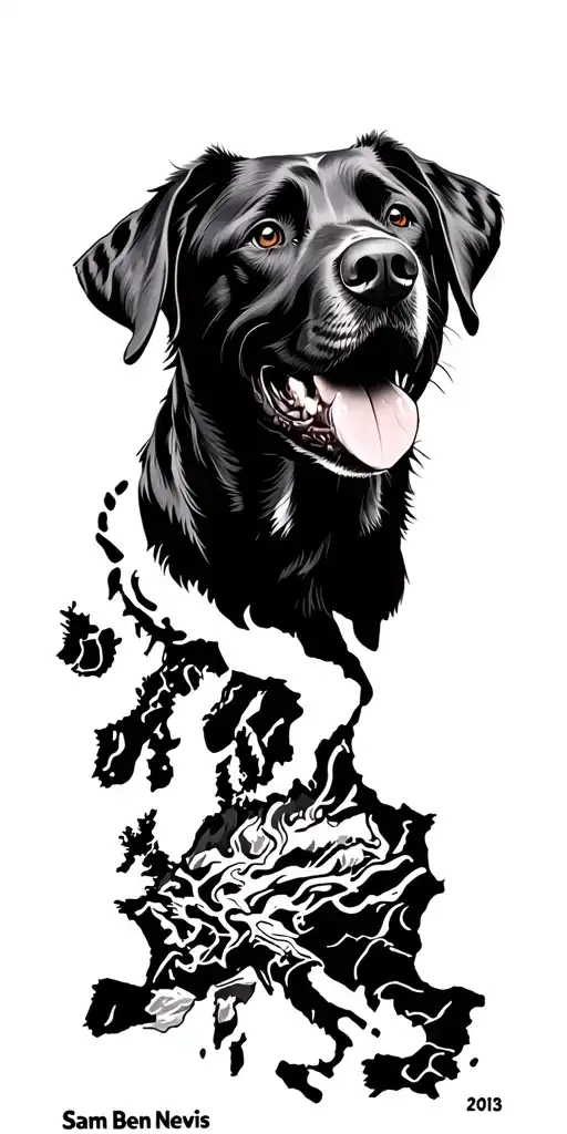 black Labrador called Sam Ben Nevis mountain. burning logo  man 2013. travel map of Europe. tribal patter  tattoo design idea