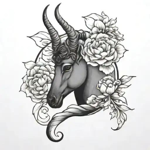 Capricorn astrological sign tattoo not the animal but rather ♑️ with carnation flowers tattoo design idea