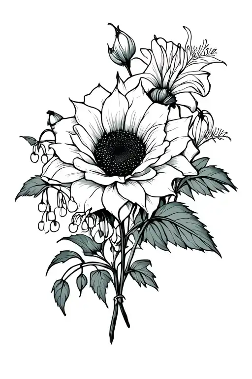 Rose, dead snapdragon, red velvet queen sunflower, spider lily, babylon red dahlia, lily of the valley. Sleeve tattoo tattoo design idea