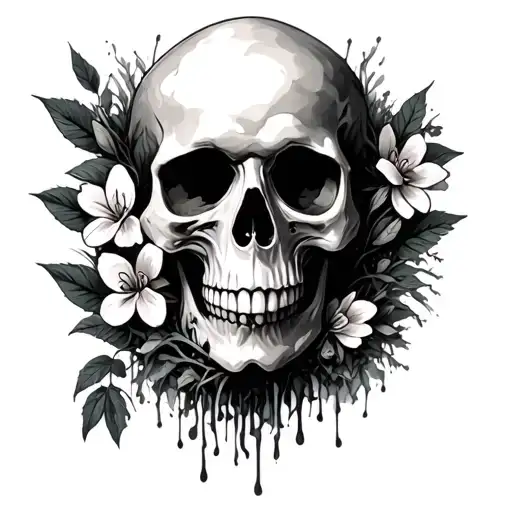 half face skull with poisonous flowers with moss tattoo design idea