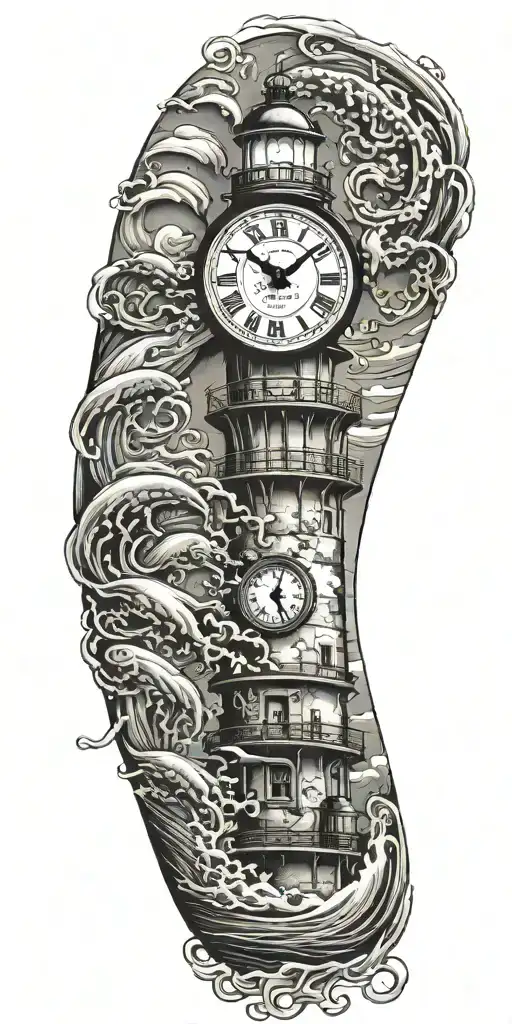 lighthouse waves crashing clock and jelly fish tattoo design idea
