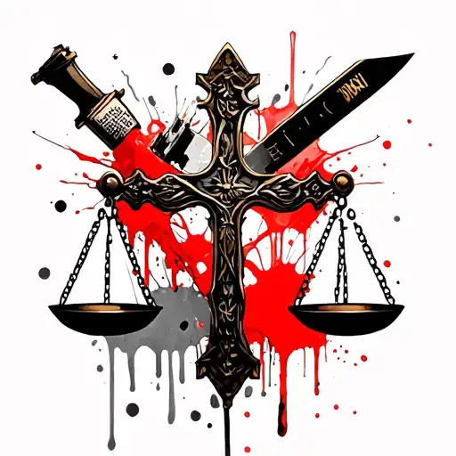 Minimalistic Patch work style latin budded cross scale of justice with knife and bible in the scale  tattoo design idea