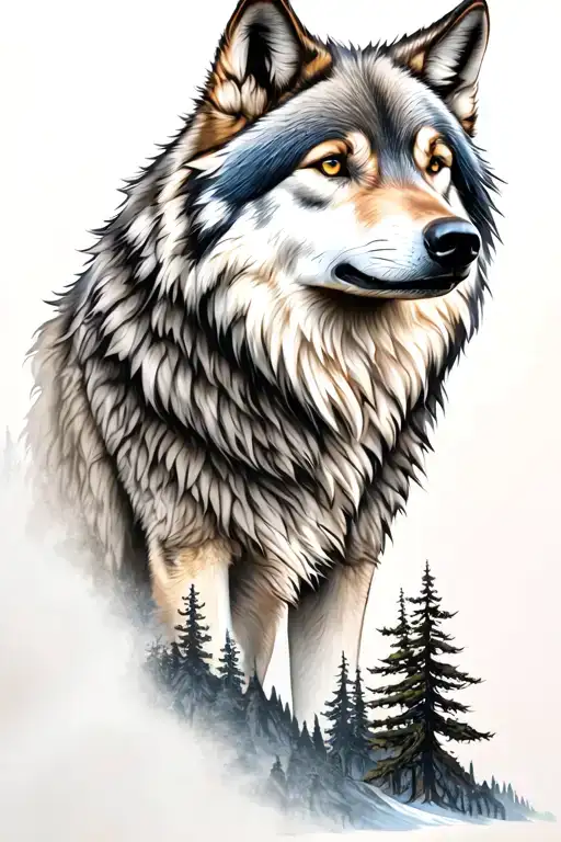 wolf and  mountains and trees tattoo design idea