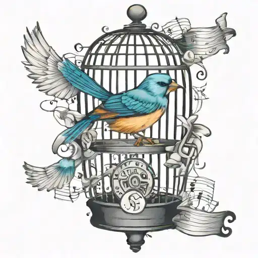 bird, cage, music notes, jersey, street sign tattoo design idea
