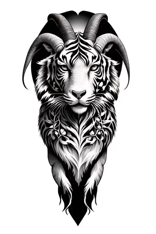 full leg sleeve, capricorn goat, greek mythology, tiger, tree of life tattoo design idea