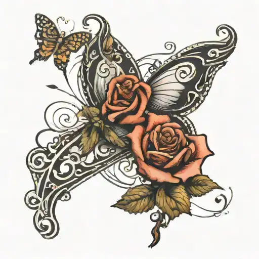 a butterfly a cross, and a rose with the words, choose your path and enjoy the journey tattoo design idea