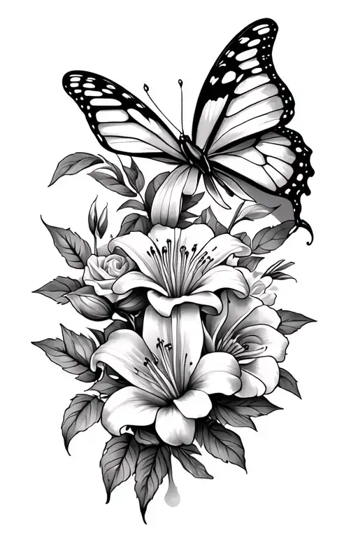 flower and butterfly sleeve tattoo featuring lily and roses tattoo design idea