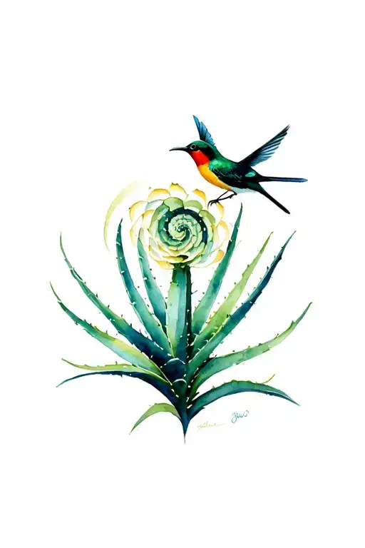 Spiral aloe from above with a malachite sunbird browsing the Spiral aloe's flower tattoo design idea