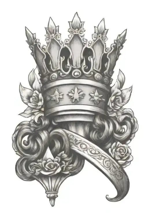 queens crown with two princess crowns underneath with flowers and big curly hair behind it all tattoo design idea