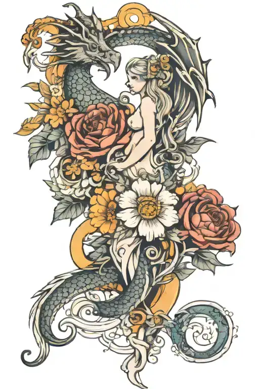 a thigh tattoo with a dragon, swan, marigolds, cosmos, Aphrodite, lustitia, astraea, Venus, roses, libra scale, the St.L tattoo design idea