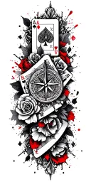 filigree design with playing cards, compass and roses tattoo design idea