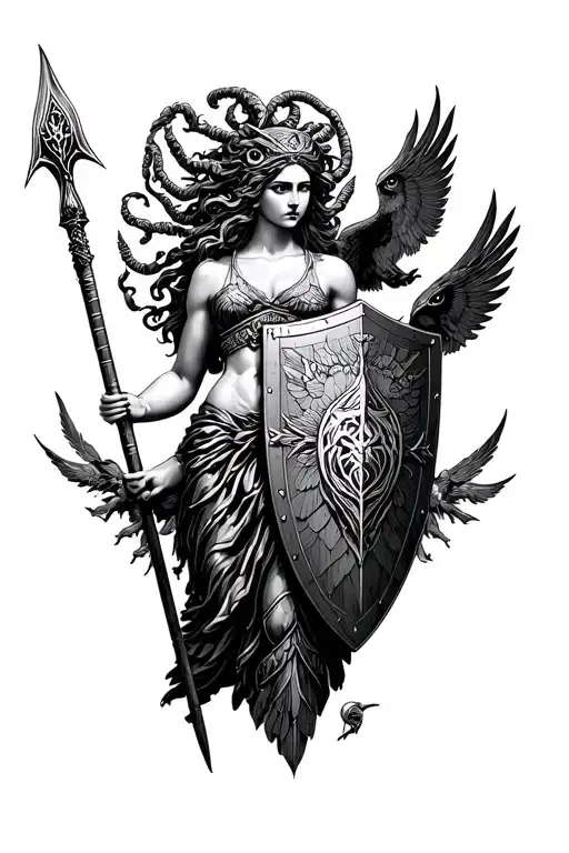 Athena holding spear and aegis medusa shield and surrounded by owl symbology tattoo design idea