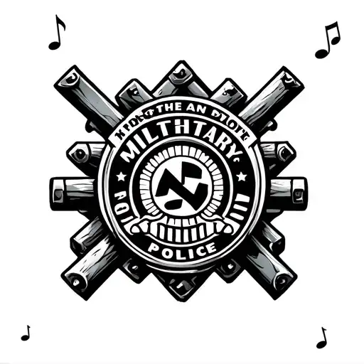 military police badge surrounded by steel beams and musical notes tattoo design idea