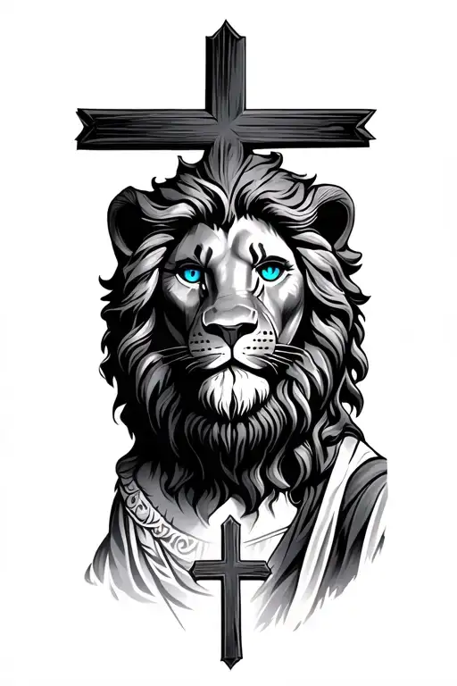 lion with blue eyes and Jesus Christ with crosses on the bottom tattoo design idea