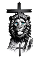 lion with blue eyes and Jesus Christ with crosses on the bottom tattoo design idea