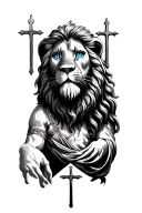 lion with blue eyes and Jesus Christ with crosses on the bottom tattoo design idea