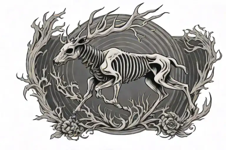 full skeleton minimalist stag skeleton running tattoo design idea