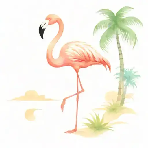 Flamingo with beach scene with palm trees tattoo design idea