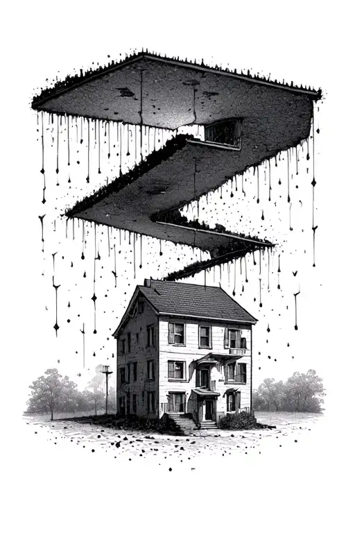 A small apartment. The ceiling looks alive and is scratching from the inside, with tiny dust falling. Surreal and quiet  tattoo design idea