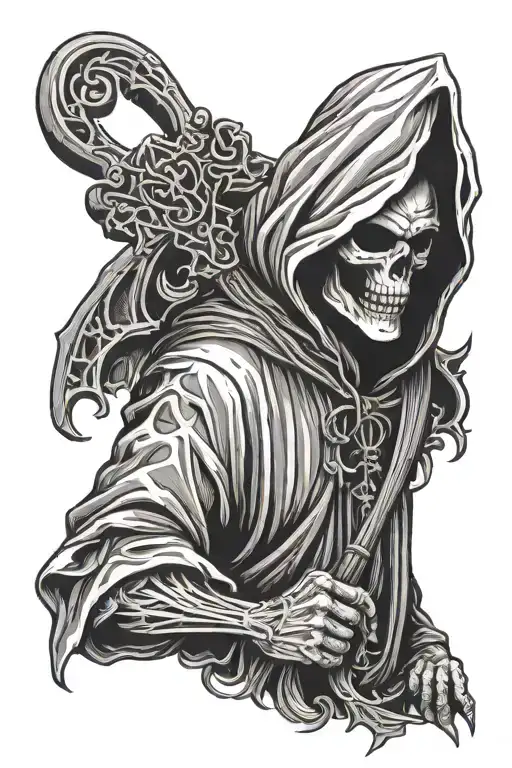 Grim Reaper wearing hood holding cross tattoo design idea