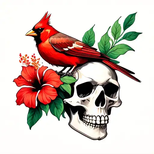Retro 1960s but futuristic tattoo of red cardinal sitting on a skull with a hibiscus flower on the side blooming tattoo design idea