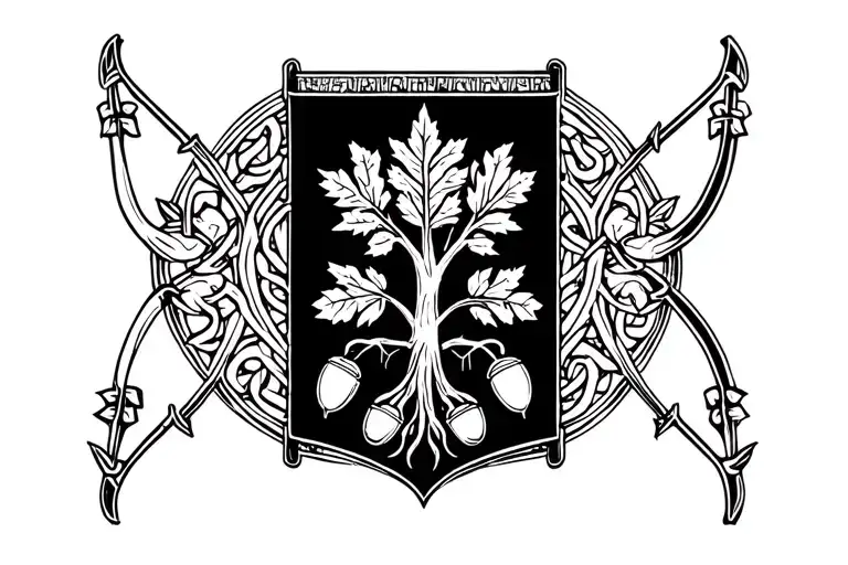 “A minimalist heraldic design with a stylized oak tree, acorns, oak leaves, longbow, and Celtic border.” tattoo design idea