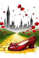 two sparkly flat red ruby shoes with bows on toe and yellow brick road, poppies, emerald city in background tattoo design idea