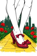two sparkly flat red ruby shoes with bows on toe and yellow brick road, poppies, emerald city in background tattoo design idea