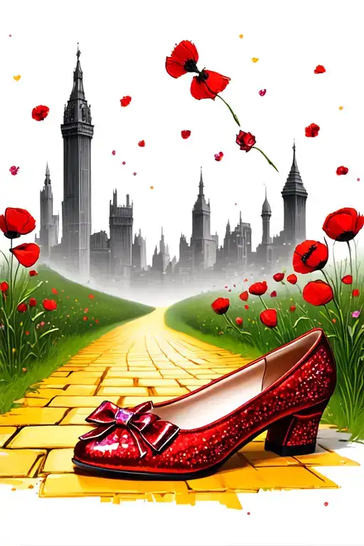 two sparkly flat red ruby shoes with bows on toe and yellow brick road, poppies, emerald city in background tattoo design idea