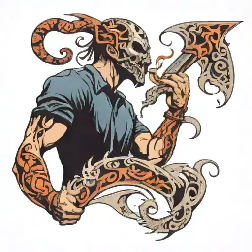 man wearing mask fighting off inner demons tattoo design idea