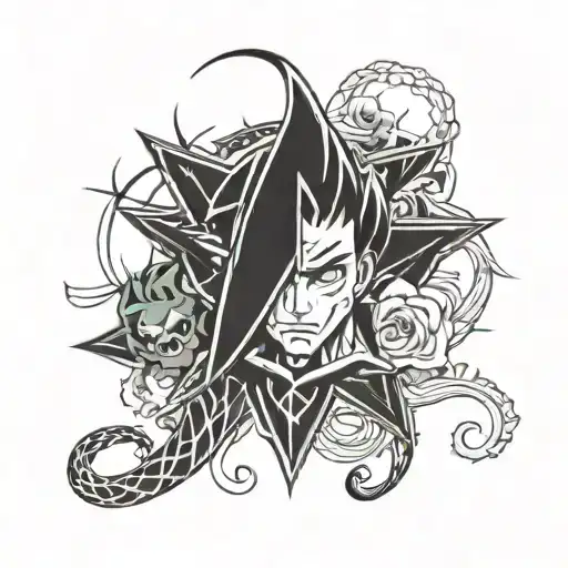 A tattoo design combining elements from Danganronpa, JoJo's Bizarre Adventure, and Demon Slayer, featuring a unique character mashup tattoo design idea