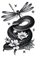 snake wrapped/ 3 dragonflies flying/ flowers/ stars tattoo design idea