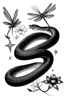 snake wrapped/ 3 dragonflies flying/ flowers/ stars tattoo design idea