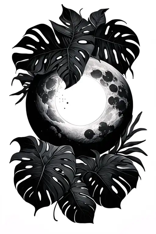 Sun And Moon with monstera leafs tattoo design idea