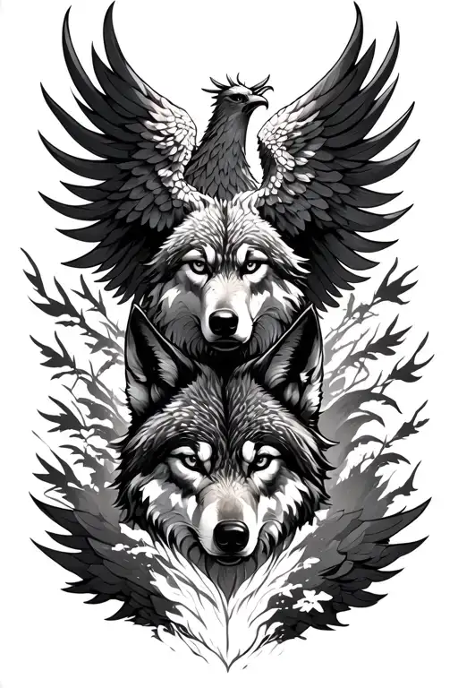 a lone wolf with a phoenix rising above difficult circumstances tattoo design idea