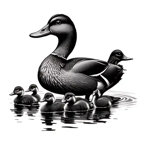 mother duck with 3 ducklings following their tattoo design idea