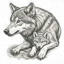 wolf protecting cub playing tattoo design idea