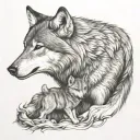 wolf protecting cub playing tattoo design idea