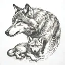 wolf protecting cub playing tattoo design idea