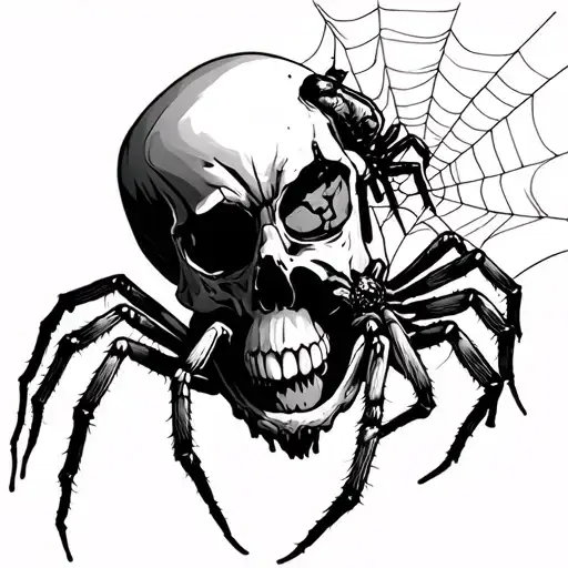 spider crawling out of mouth of a skull at 3/4 view with spiderwebs background tattoo design idea