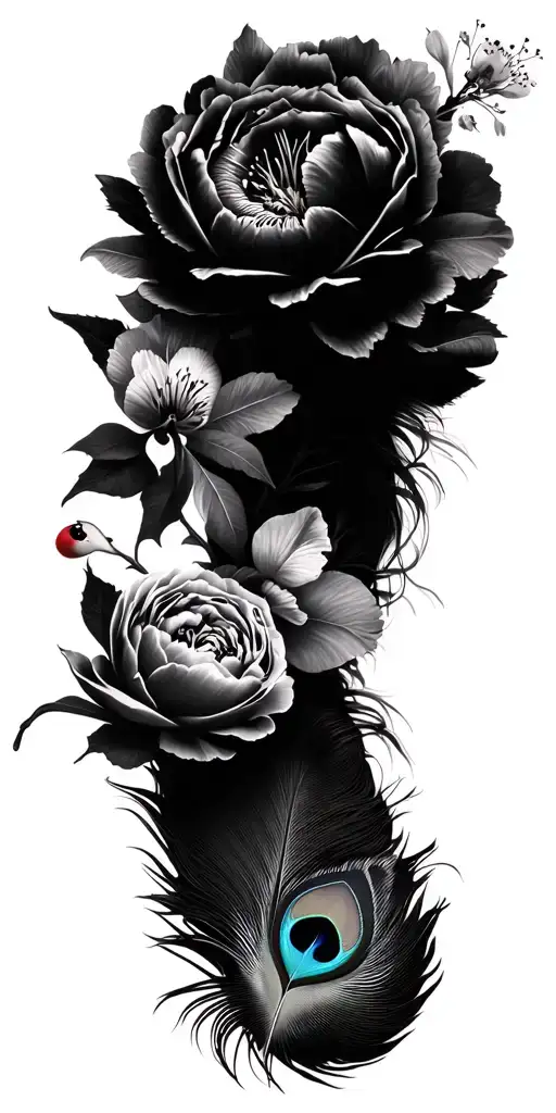 black and grey leopard print, star gazer Lillie's, closed peonies, cherry blossom, peacock feather and a lady bird tattoo design idea