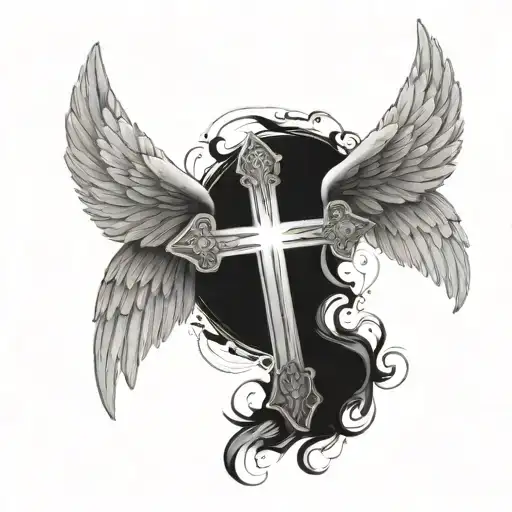 cross with angel wings and a halo for lost loved one tattoo design idea